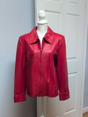 DERO By Rocco D'Amelio Red Leather Threaded Detail Fully Lined Zip Coat Sz L